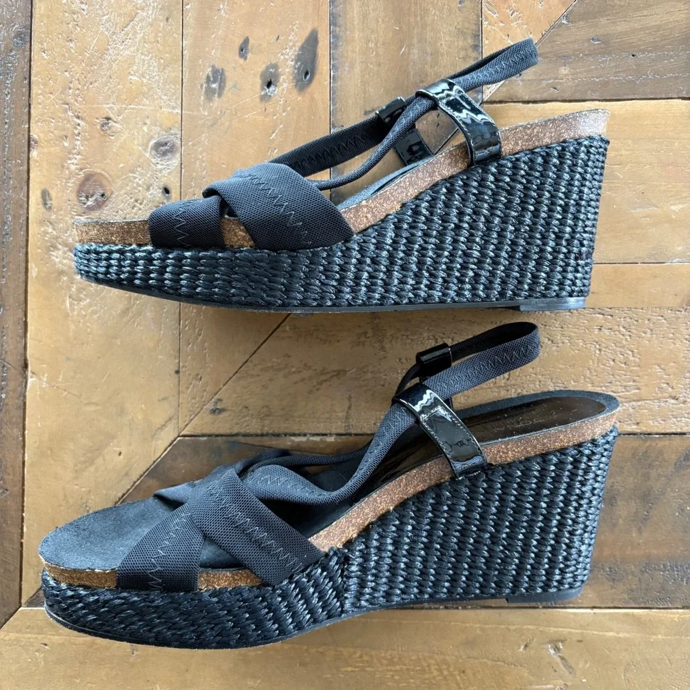 $198 DONALD PLINER Bowie Black Wedge Woven Sandals Cork Leather Made in Spain 9M